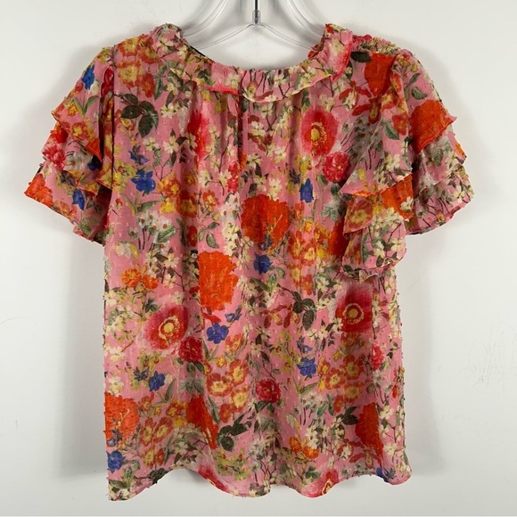 Rose + Olive Floral Ruffle Sleeve Top - Pink and Red M - Picture 4 of 10